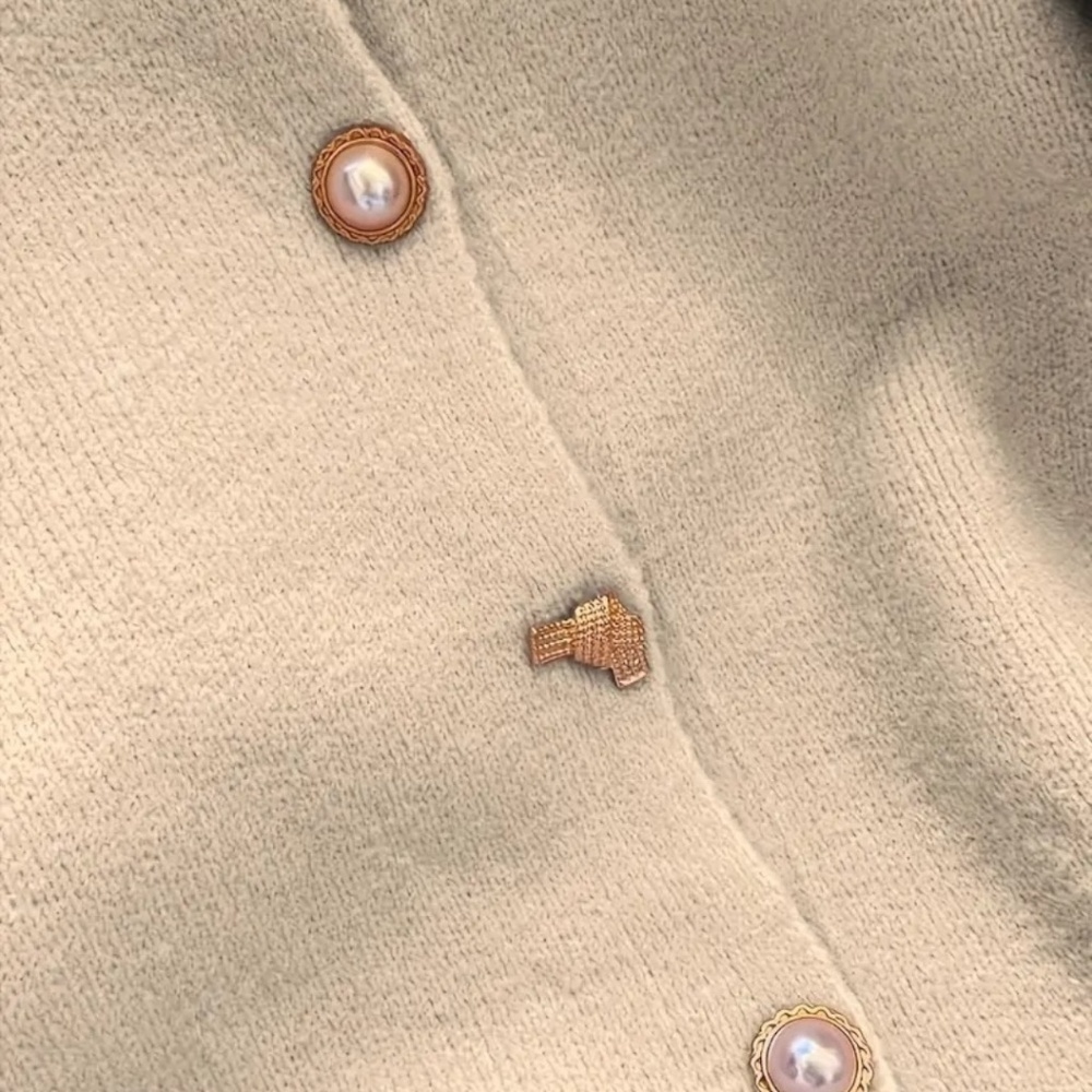 Crew Neck Cardigan Beaded Button Front Long Sleeve Apricot - Picture 5 of 5